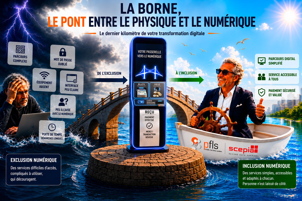 Illustration d’une borne de paiement reliant les services physiques et numériques pour favoriser l’inclusion numérique et simplifier les démarches administratives