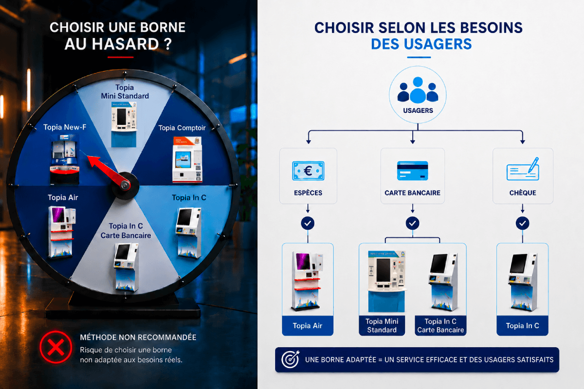 Schéma de choix d'une borne de paiement selon les besoins des usagers : espèces, carte bancaire ou chèque avec les modèles Topia Air, Topia Mini Standard et Topia In C