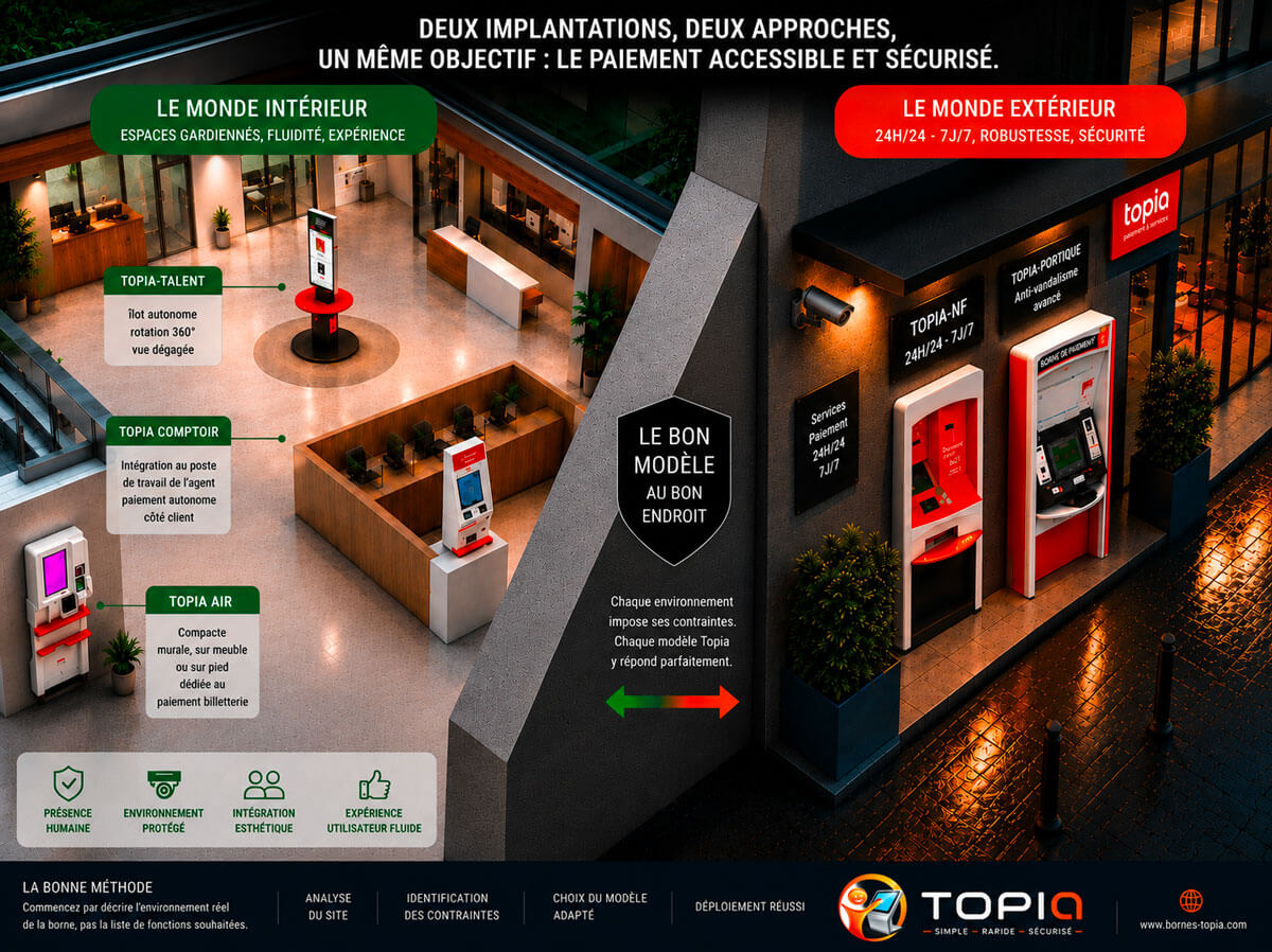 Solutions de paiement Topia – Implantation intérieure et extérieure Comparatif des solutions de paiement Topia pour implantation intérieure et extérieure : le bon modèle selon l'environnement.